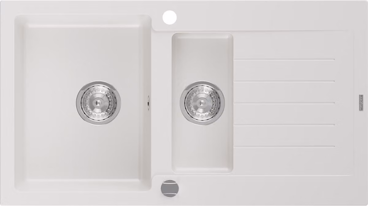 Mexen Matias lavello in granito 1,5 vasche con sgocciolatoio 900 x 505 mm, bianco, sifone cromato - 6502901505-20