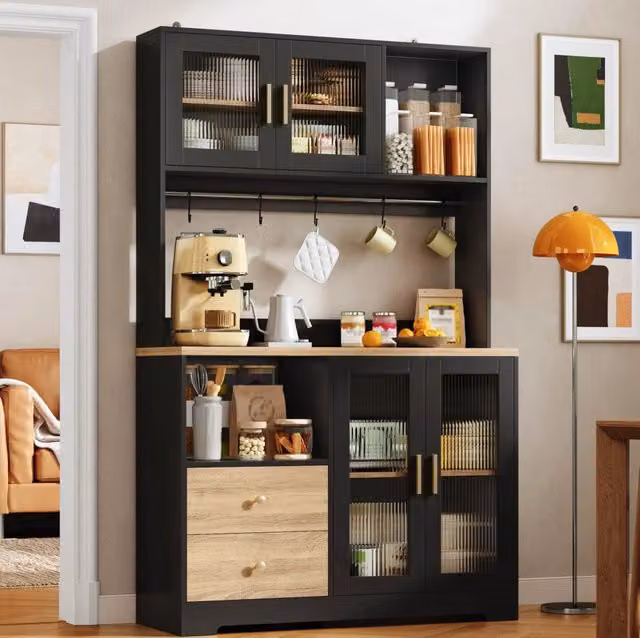 Mobile alto da cucina ULEVR 110x40x178 cm con 4 ante in vetro, LED RGB, prese USB e ganci, nero