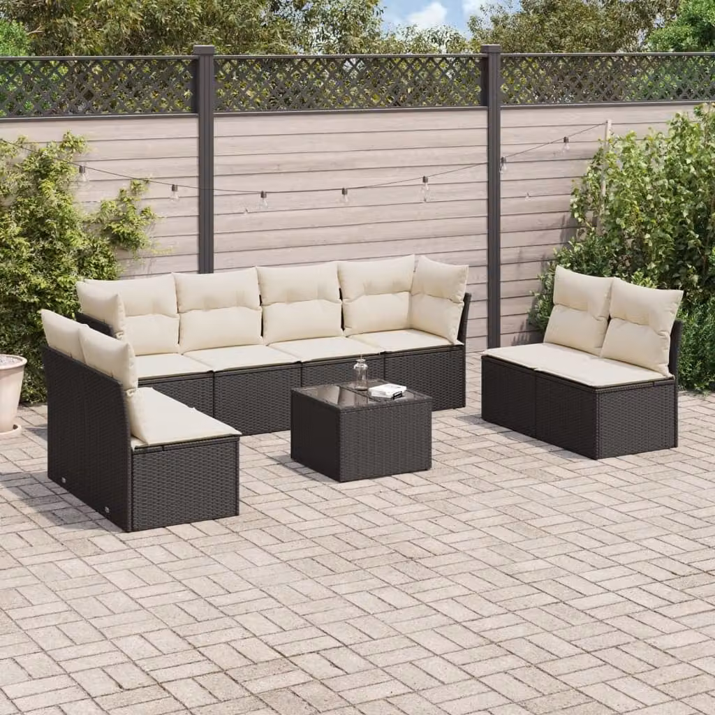 vidaXL Set Divani da Giardino 9 pz in Polyrattan Nero con Cuscini e Tavolino da Esterno – 1