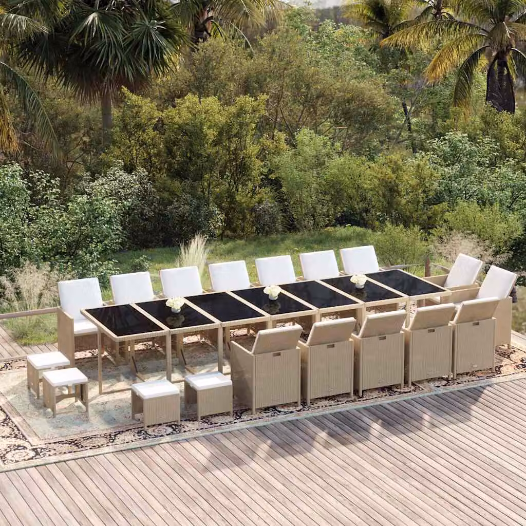 vidaXL Set da Pranzo per Giardino da 19 Pezzi in Polyrattan Beige con Piano in Vetro