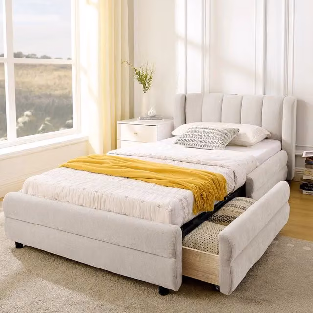 Letto Singolo con Contenitore USB ¨C MINIMAL ¨C Tessuto Chenille Beige 90x200