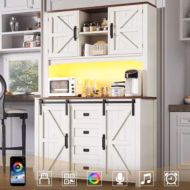 Mobile da cucina 115x40x175 cm, credenza alta con ante scorrevoli e illuminazione LED, nero/bianco