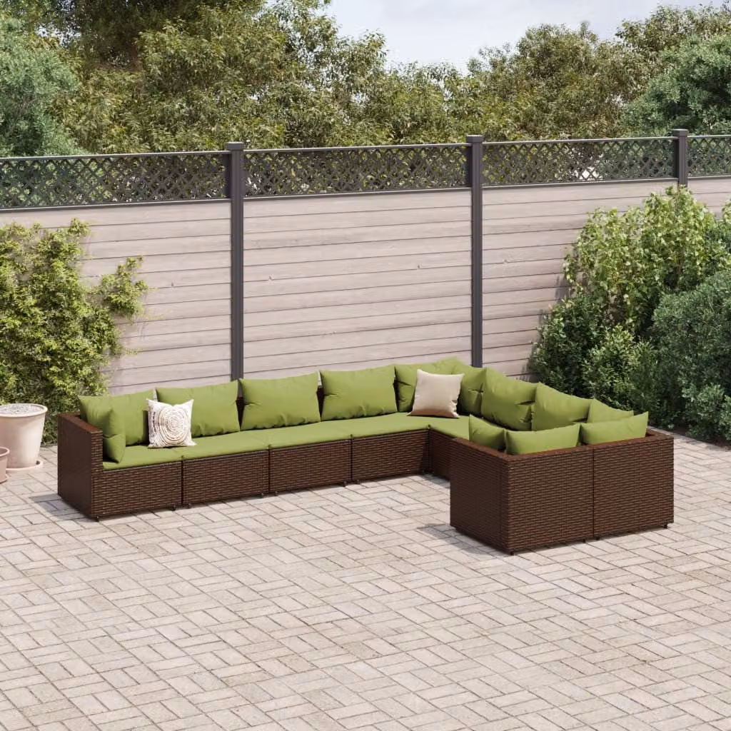 Set di divani da giardino vidaXL a forma di U composto da 9 pezzi con cuscini, colore marrone e verde, in rattan e metallo con struttura in acciaio verniciato a polvere
