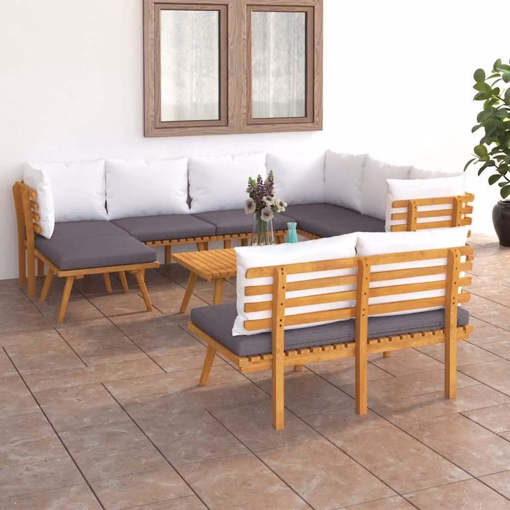 Set Divani da Giardino vidaXL 9 Pezzi in Legno di Acacia con Cuscini e Tavolino, Composizione a U per Esterno in Stile Rustico, Marrone, Grigio e Bianco
