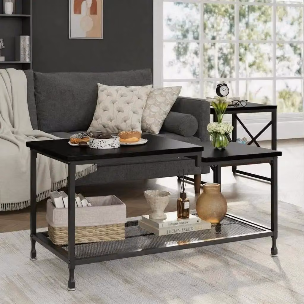 Tavolino rettangolare - Tavolino da salotto con ripiano - Design industriale - Ideale per piccoli spazi - Facile da montare - Colore: nero