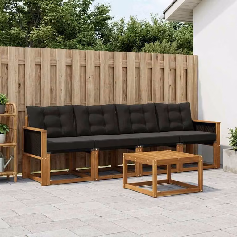Set di divani da esterno vidaXL 5 pezzi in legno di acacia con tavolino e cuscini, Colore Marrone e Nero