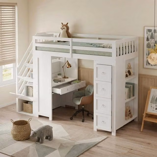 Letto a soppalco per bambini 90x200 cm con scrivania integrata; cassetti; scaffali e scala contenitore; bianco