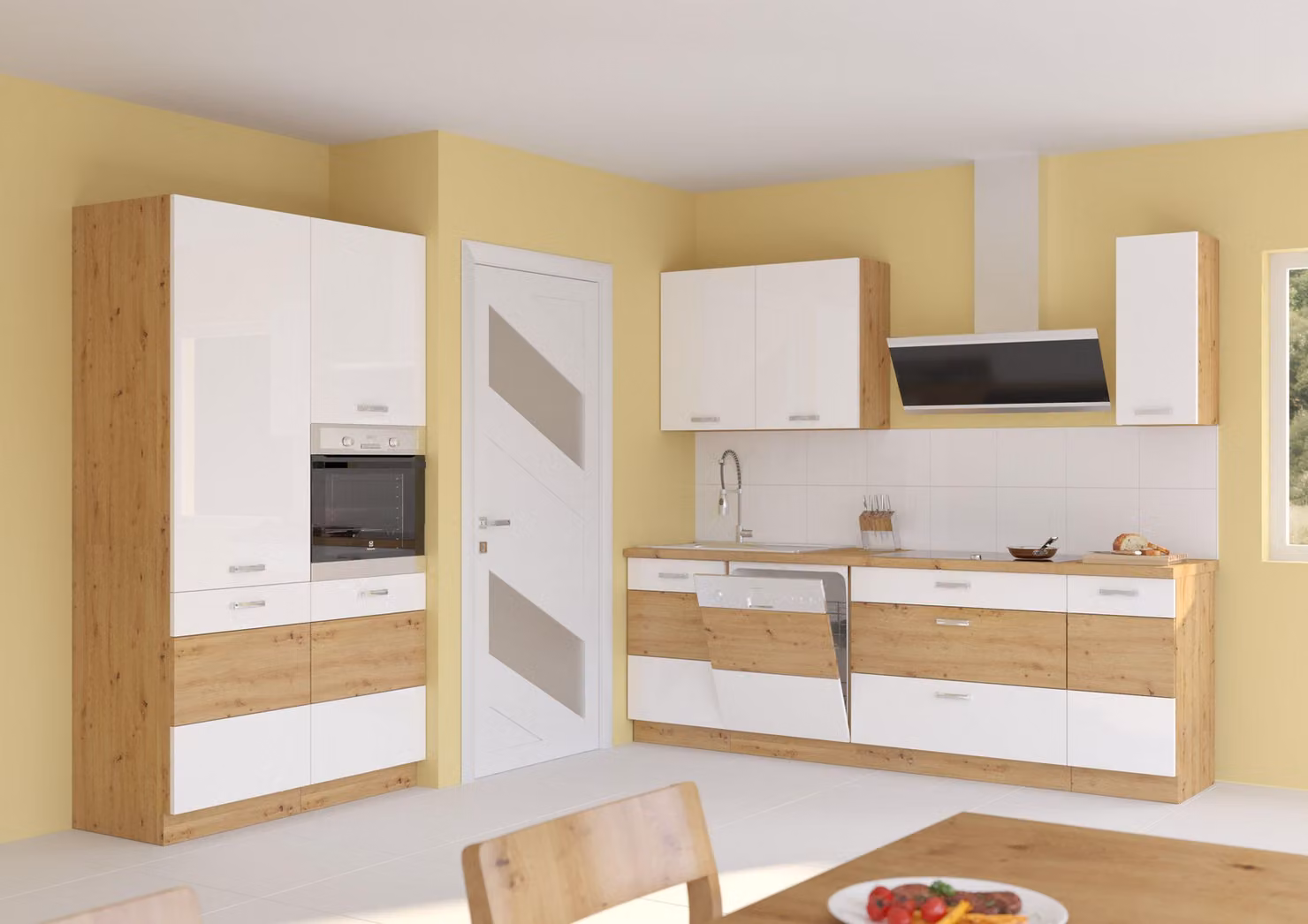 Cucina in rovere Artisan Bianco 230 + 120, linea cucina, blocco cucina lucido, cucina componibile