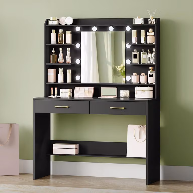 Comò da trucco con specchio, ripiani, 2 cassetti, illuminazione a LED, colore nero, dimensioni 40 x 100 x 149 cm