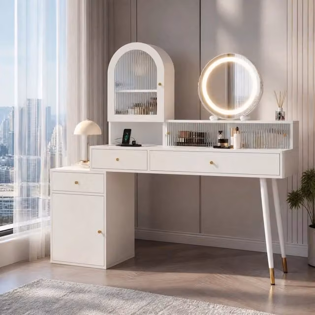 Toeletta bianca regolabile con specchio LED, prese e vano contenitore, 140×40×140 cm