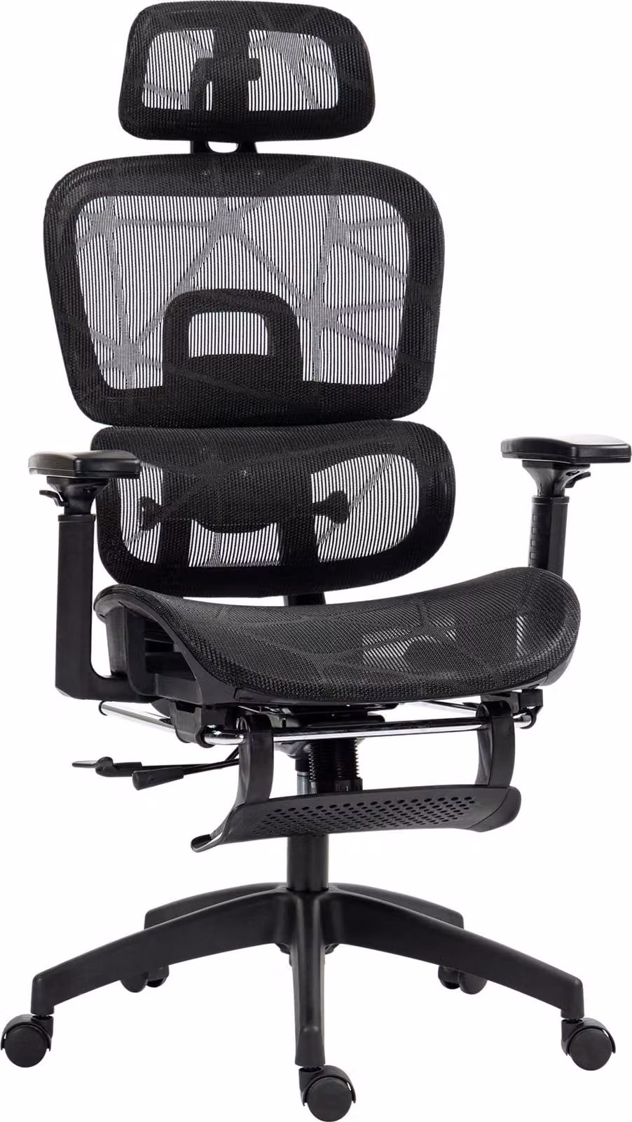Sedia da ufficio ergonomica Moonbite, con poggiatesta, supporto lombare, poggiapiedi estendibile, inclinazione fino a 135°, sedia girevole con funzione basculante, in poliestere, colore nero