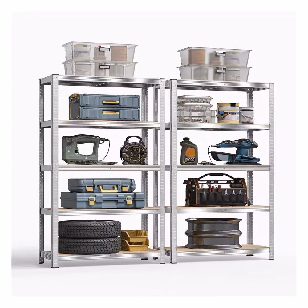 Scaffalatura in Acciaio con Montaggio Rapido, Argento / Set di 2（5 Ripiani）40 x 90 x 180 cm