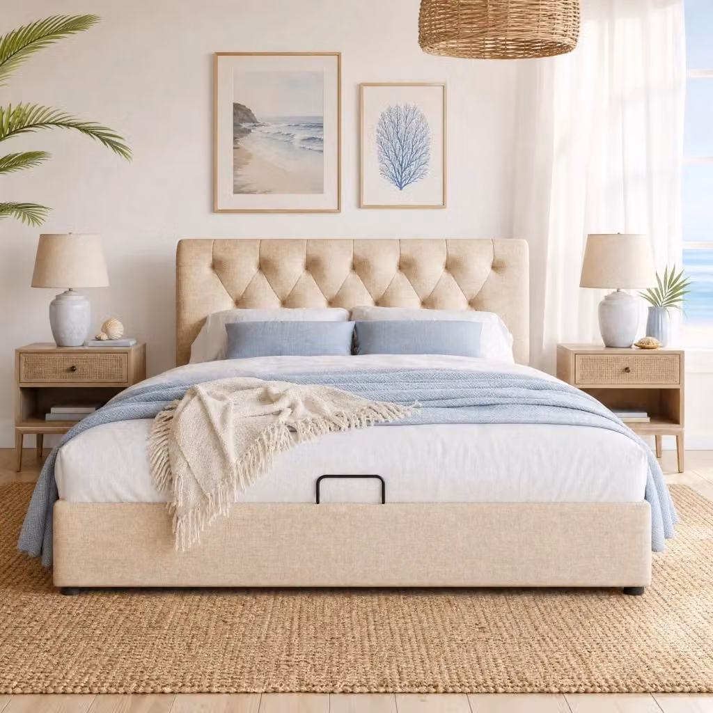 Letto contenitore Mivray con testiera regolabile, rete a doghe in legno e rivestimento in tessuto beige, L/P: 160 x 200 cm – 2