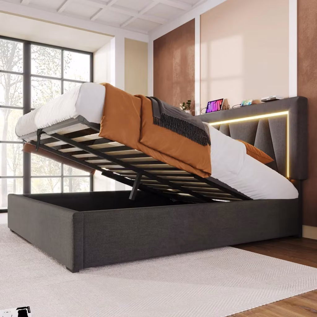 Letto matrimoniale Mivray con contenitore e illuminazione LED, testiera regolabile con porte USB e USB-C, rivestimento in lino grigio, L/P/H: 160 x 200 x 110,5 cm – 2