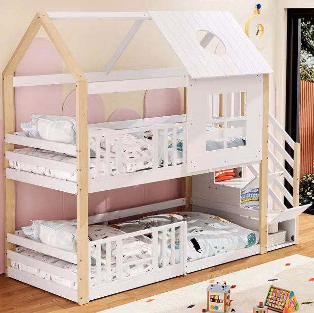 Letto a castello 90x200 cm bianco e naturale in pino e MDF con scala contenitore