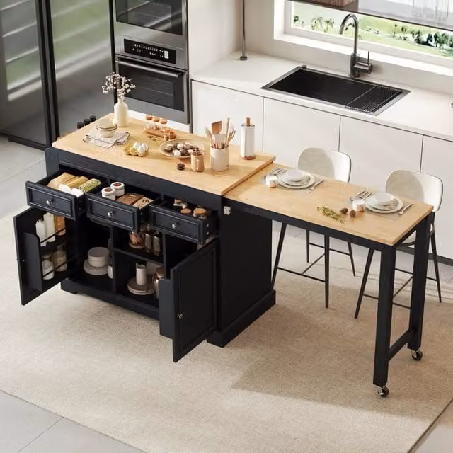 Isola da cucina su ruote con piano estraibile laterale da 112 a 188 cm; portaspezie e cassetti; nero