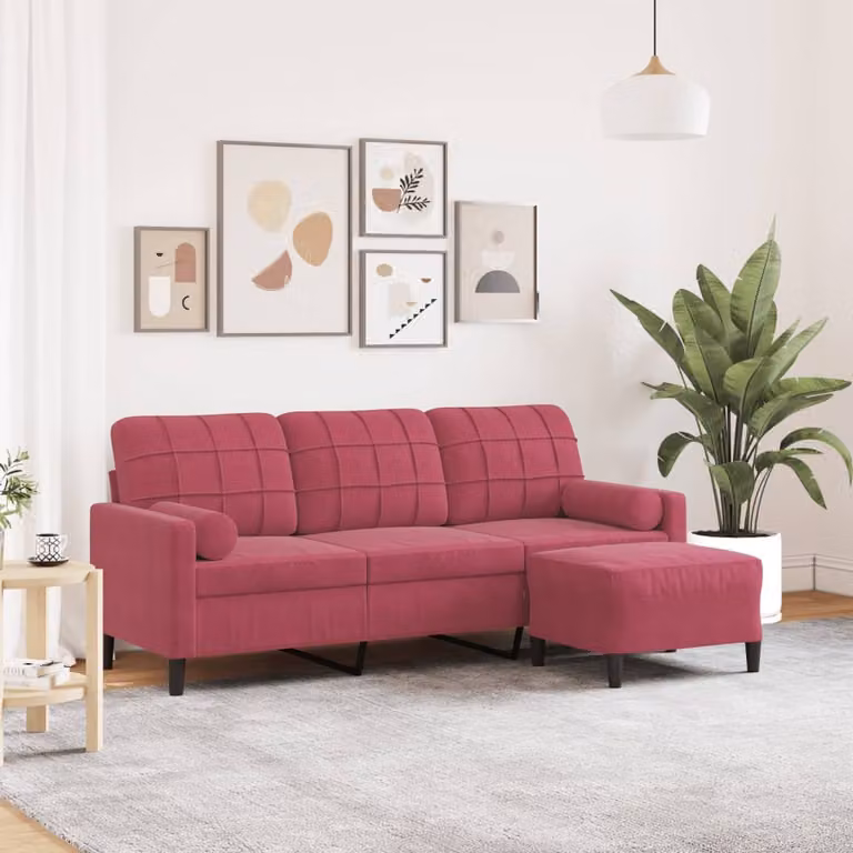 vidaXL Divano a 3 Posti in Velluto Rosso con Poggiapiedi Coordinato e Struttura in Metallo e Legno
