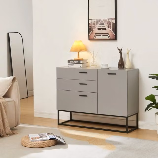 Comò Lavangen en.casa con anta e 3 cassetti, Nero e Grigio Chiaro, L: 100 cm, H: 75 cm, P: 35 cm