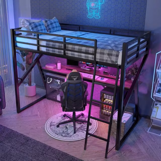 Letto a soppalco per bambini 90 × 200 cm con scrivania, LED regolabile e barriera, senza materasso, nero