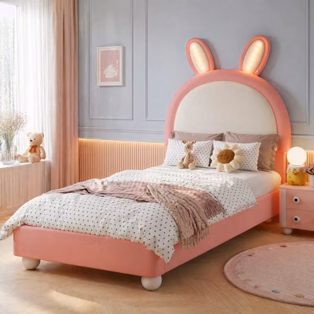 Letto imbottito per bambini 90x200 cm con testiera coniglio e LED rosa e bianco