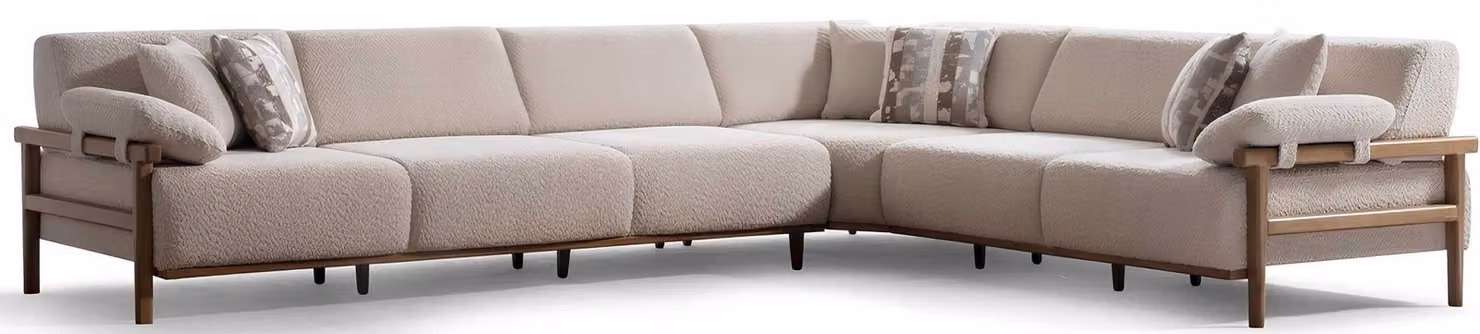 Divano angolare, stile moderno, colore beige, imbottitura morbida, ampio, ideale per il soggiorno, rivestito in tessuto, nuovo