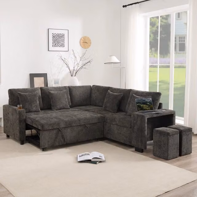 Divano ad angolo convertibile 220 x 205 x 86;5 cm; letto; contenitore; portabicchieri; USB e USB-C; braccioli ampi; cuscini inclusi; grigio