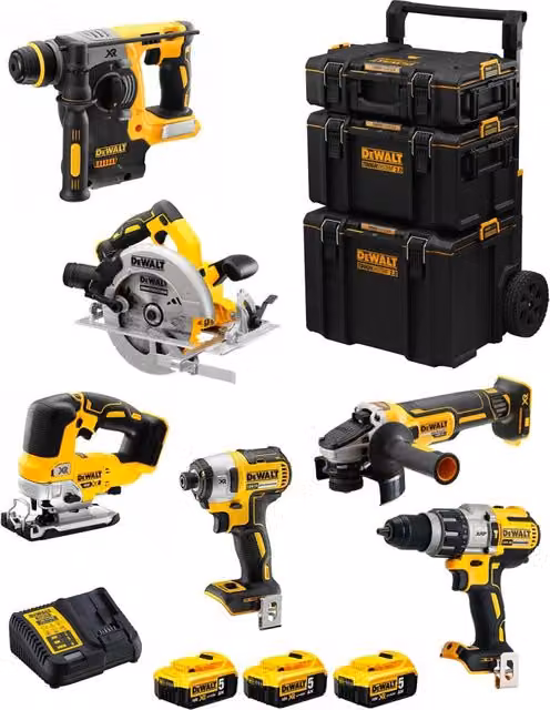 Kit utensili DeWALT DWK601 con avvitatore, trapano, martello perforatore e accessori colore giallo