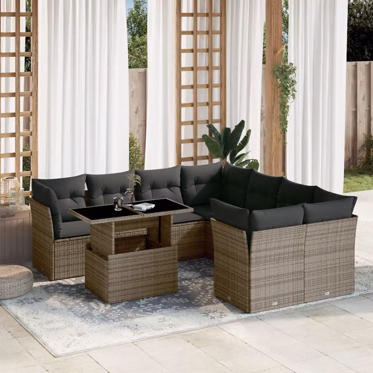 vidaXL Set Divano da Giardino 9 pz a Forma a L con Tavolino in Vetro e Cuscini Grigio