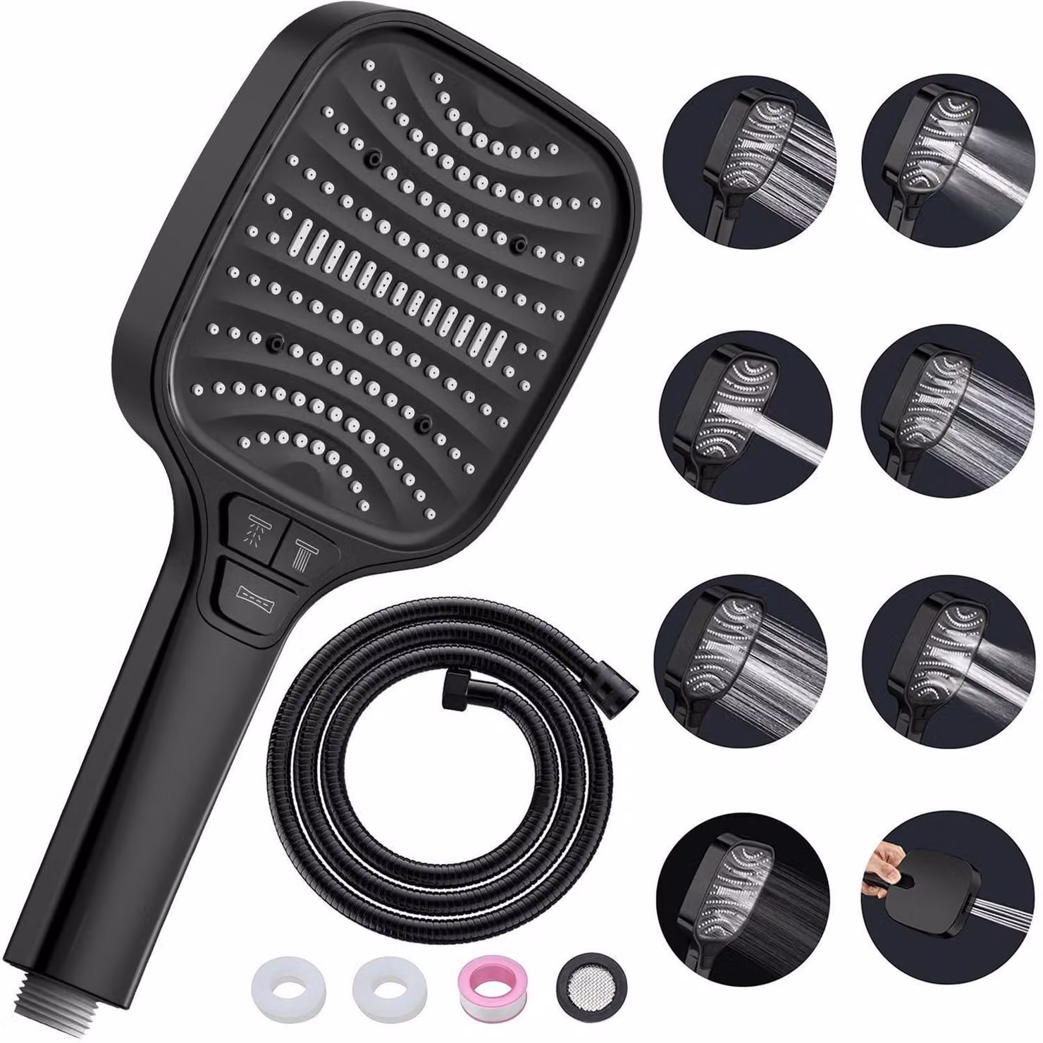 Doccia con flessibile, colore nero, lunghezza 1,5 metri – 8 tipi di getto, funzione di arresto, risparmio idrico, resistente al calcare