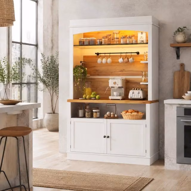 Set di 2 colonne da cucina MIVRAY bianche con illuminazione LED RGB, ripiani in vetro e ganci, in MDF

L/P/H: 107 x 34 x 184 cm