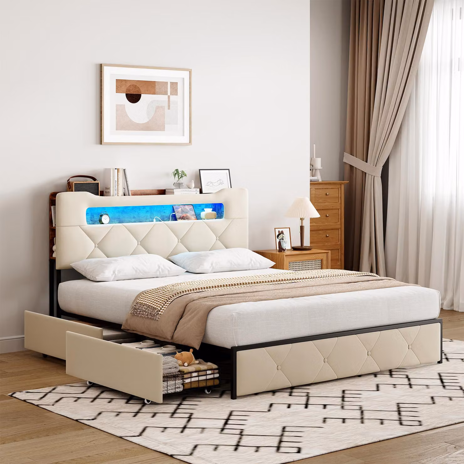 Fortuna Lai letto imbottito 160x200cm con LED e USB, letto matrimoniale con testiera e 4 cassetti, letto in metallo funzionale letto per bambini, velluto beige