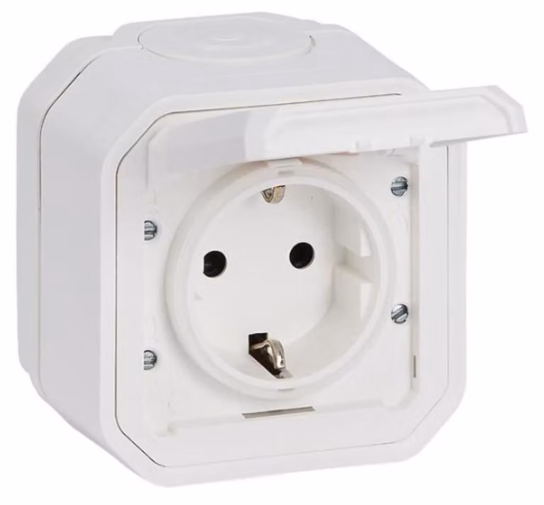 Legrand PLEXO Nuova presa di corrente a parete impermeabile, con coperchio a cerniera, protezione tattile, morsetti a innesto, 16A, IP44 IK07 Bianco, 069770L