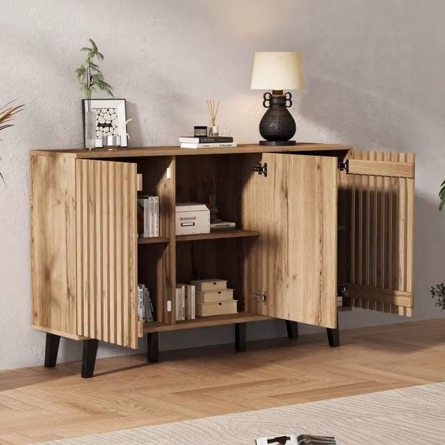 Credenza moderna con 3 ante e 6 scomparti in legno e MDF, finitura opaca, marrone e nera, per soggiorno, camera o ingresso, L/P/H: 150 x 40 x 95 cm