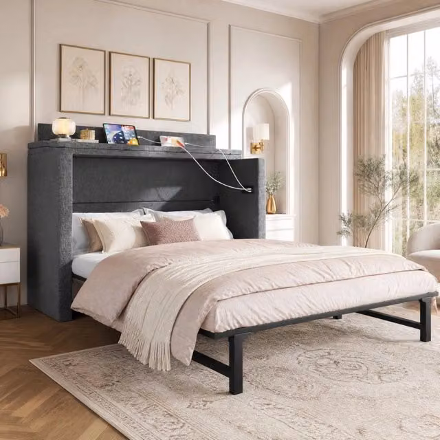 Letto a scomparsa 140x200 cm in lino grigio con cassetto, ripiano integrato e porte USB/Type-C