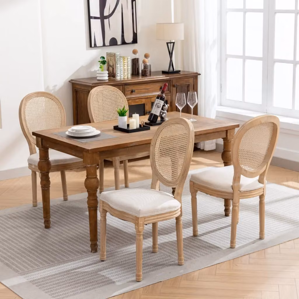 Set di 2 sedie da sala da pranzo OKWISH con schienale in rattan, struttura in legno massello e rivestimento in lino beige – 2