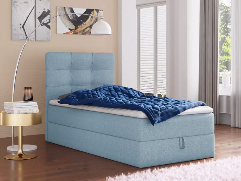 Letto boxspring Best Mini con contenitore e coprimaterasso - Letto singolo con materasso Bonell e coprimaterasso, letto imbottito, letto, camera da letto (blu (Vidar 83), 90 x 200 cm)