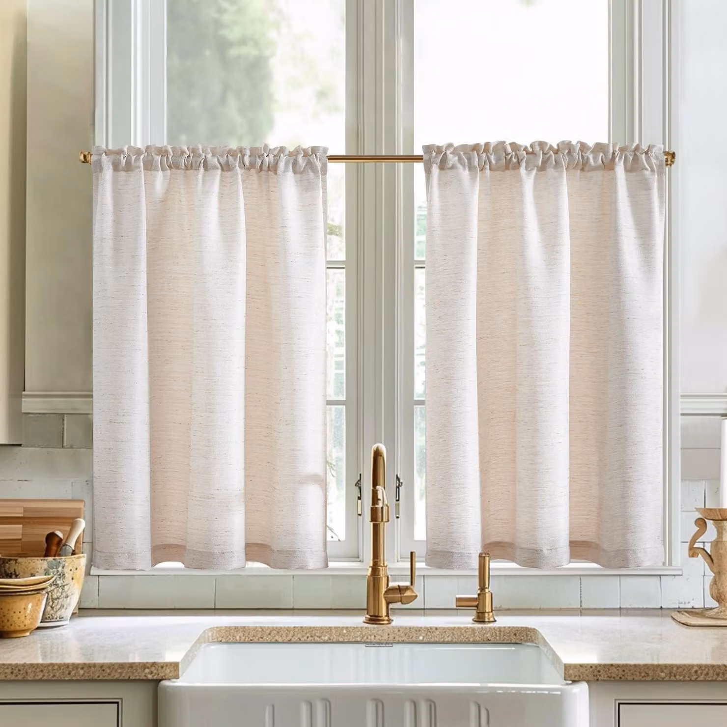 Omgoods - Set di 2 tende beige per bistro - Tende traslucide corte per cucina, 90 x 115 cm