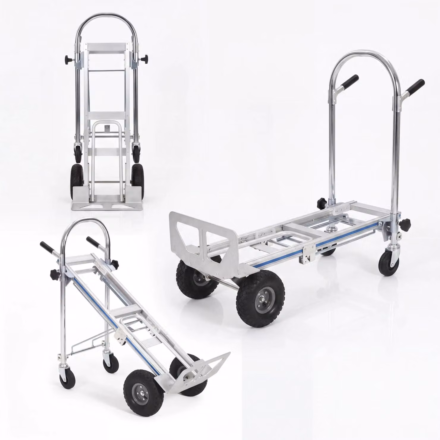 Carrello pieghevole in alluminio 3-in-1: piattaforma, maniglia telescopica, ruote in gomma, capacità di carico 250 kg, colore argento