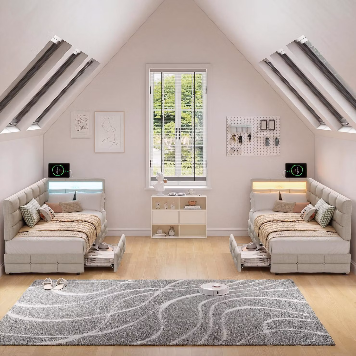 Struttura letto ProximaX a L 90x200 cm, tessuto di lino beige, illuminazione a LED, porta-caricabatterie USB, 2 cassetti