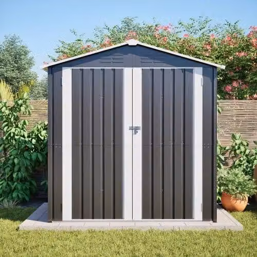 Capanno da giardino in metallo, modello capanno per attrezzi, dimensioni 142 x 185 cm. Ideale per il giardino, dotato di base, utilizzabile come garage per biciclette e motociclette. Esterno, con serratura e sistema di ventilazione, resistente alle intemp
