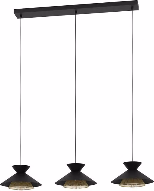 Lampadario a sospensione Eglo Grizedale in metallo nero e ottone con 3 luci E27 e paralumi in vetro trasparente
