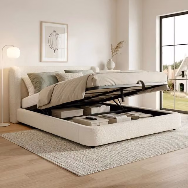 Letto contenitore Mivray con apertura idraulica e rete a doghe inclusa rivestito in bouclé beige