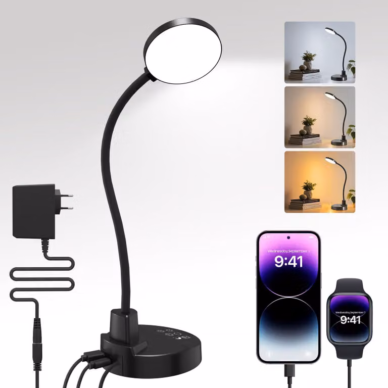 Lampada da scrivania LED da 15W con porte di ricarica USB – lampada da tavolo dimmerabile con 3 temperature di colore e 5 livelli di luminosità