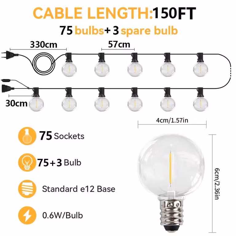 Catena luminosa a LED - Catena di luci decorative G40 - 45,72 metri - 75 lampadine - Grado di protezione IP44 (resistente agli schizzi) - 220 V - Spina europea - Adatta per uso esterno