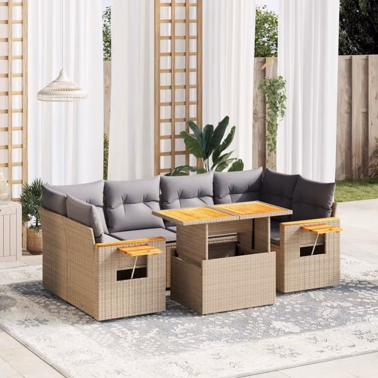 Set di divani da giardino vidaXL 7 pz in polyrattan con cuscini beige e tavolo da esterno a forma di L