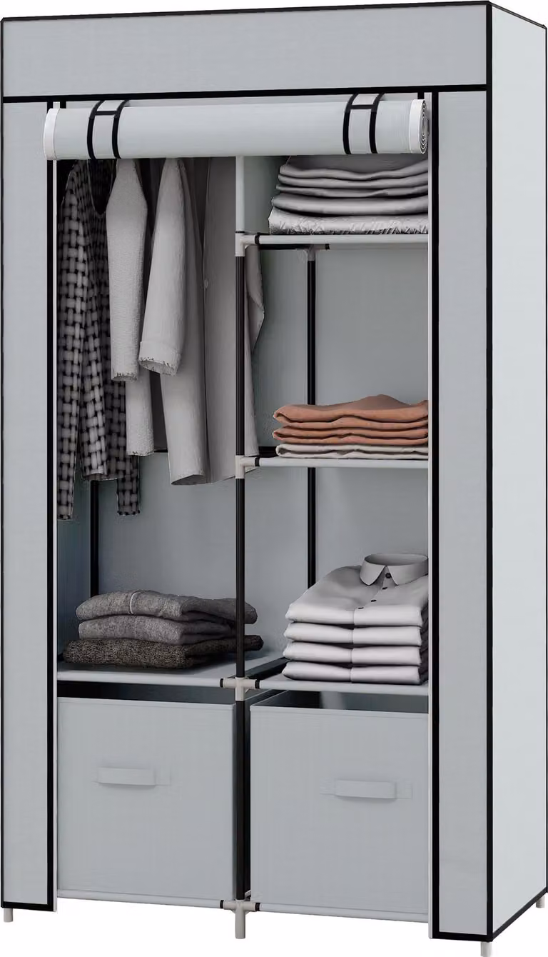 Armadio portatile con 5 scomparti e barra appendiabiti, chiusura a zip, pieghevole (grigio chiaro)