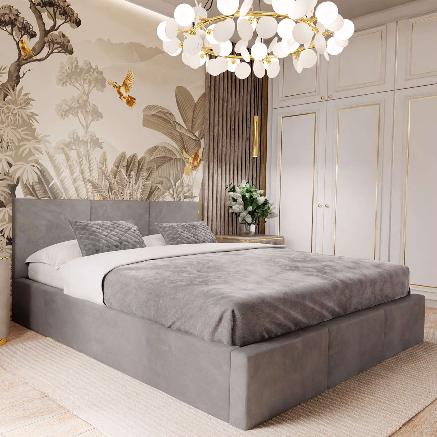 Muralo Letto imbottito per camera da letto Letto in tessuto Letto con contenitore Letto con rete e molla a gas Letto matrimoniale 140x200 Letto con contenitore Grigio