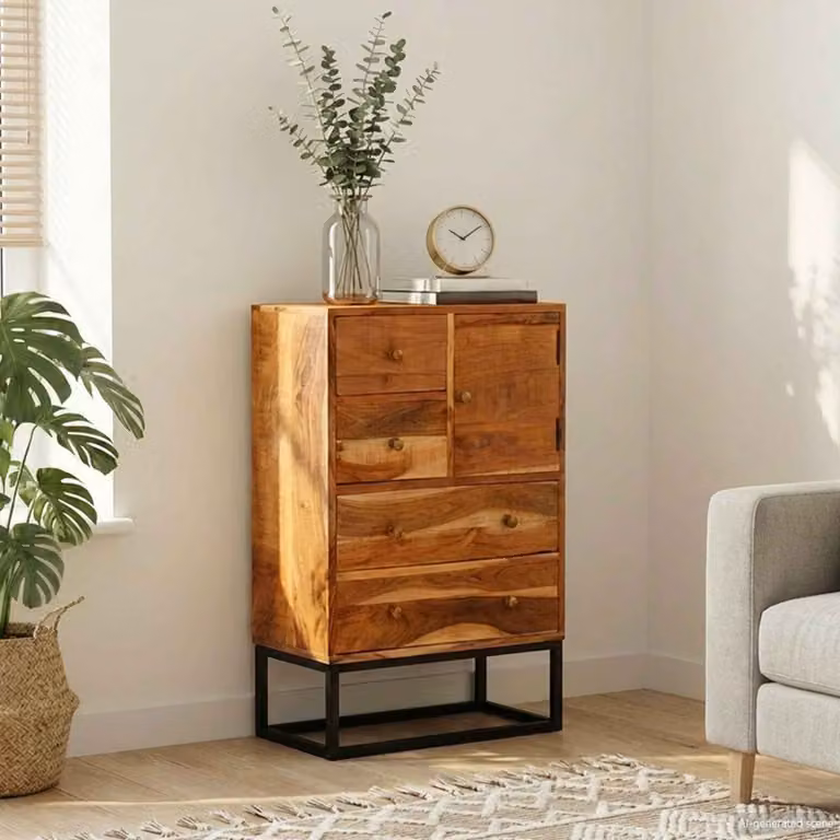 vidaXL Cassettiera Moderna in Legno di Acacia Massello e Metallo, Colore Marrone, L 55 cm x P 30 cm x H 90 cm