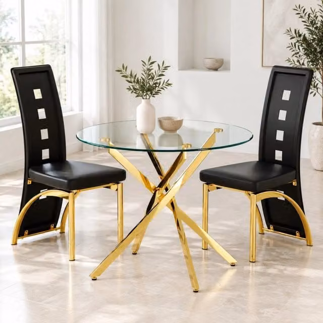 Set da pranzo Mivray composto da tavolo rotondo in vetro temperato e 2 sedie in similpelle, colori nero, oro e trasparente, stile moderno – 1