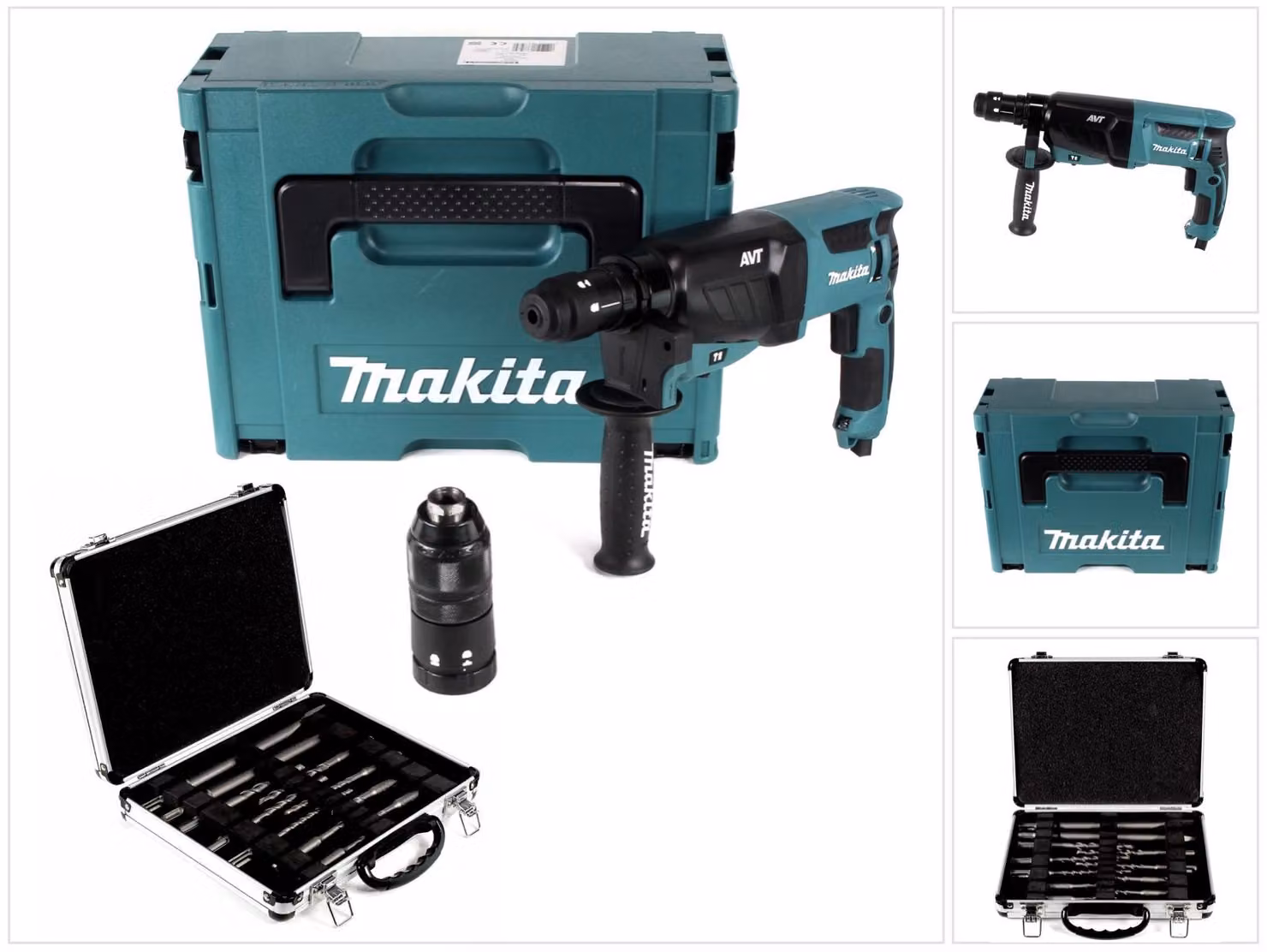 Makita HR 2631 FTJ Martello combinato da 800 W con mandrino SDS Plus e mandrino a serraggio rapido in Makpac + set di scalpelli e punte Bosch da 11 pezzi per SDS-Plus in valigetta di alluminio